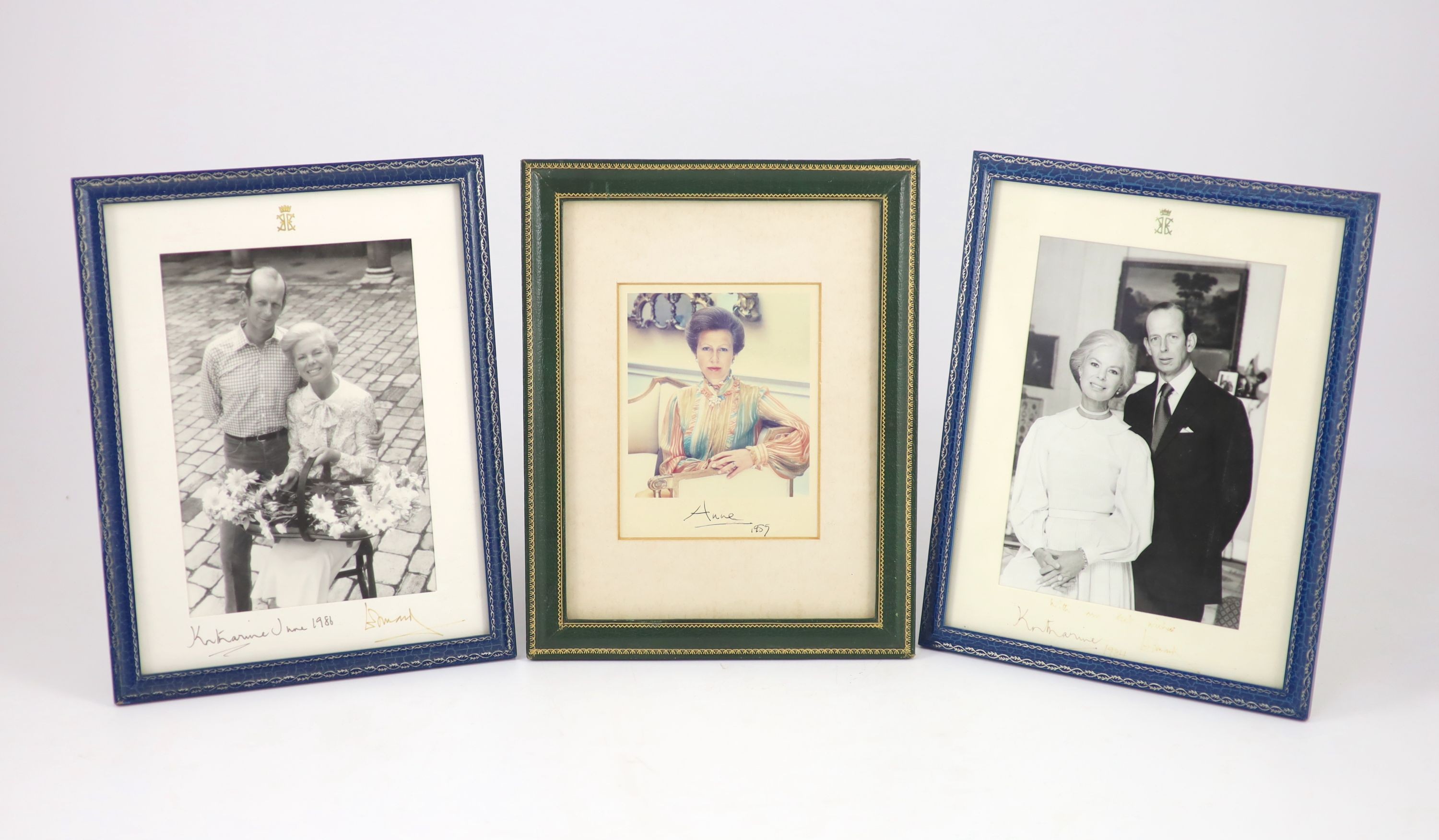 Anne, Princess of England - a signed colour portrait photograph, dated 1989, 11.5 x 8.5cms., together with 2 black and white portrait photographs of the Duke and Duchess of Kent, each signed, ‘’Katherine’’ and ‘’Edward’’
